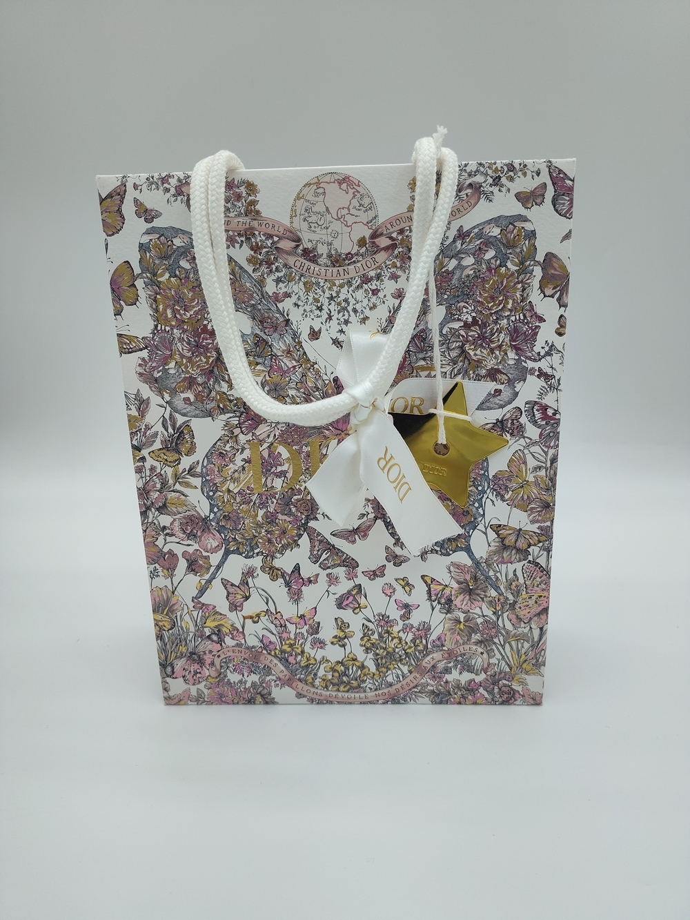 DIOR Butterfly Floral Around The World Gift Bag Gold Star Charm Ribbon PRISTINE